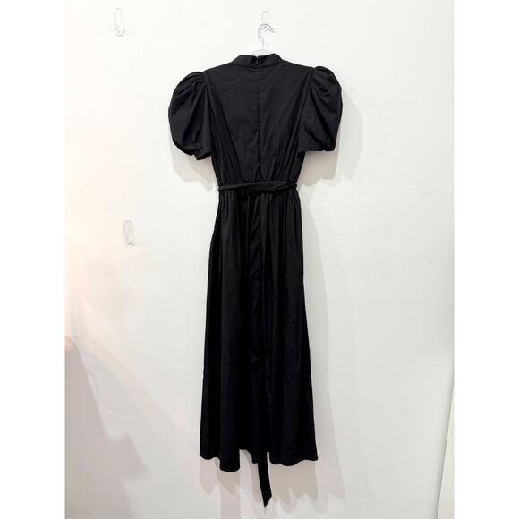 NWT Arias 100% Cotton Gathered Shoulder V-Neck Maxi Dress Black Women's Size 8 - Picture 2 of 5